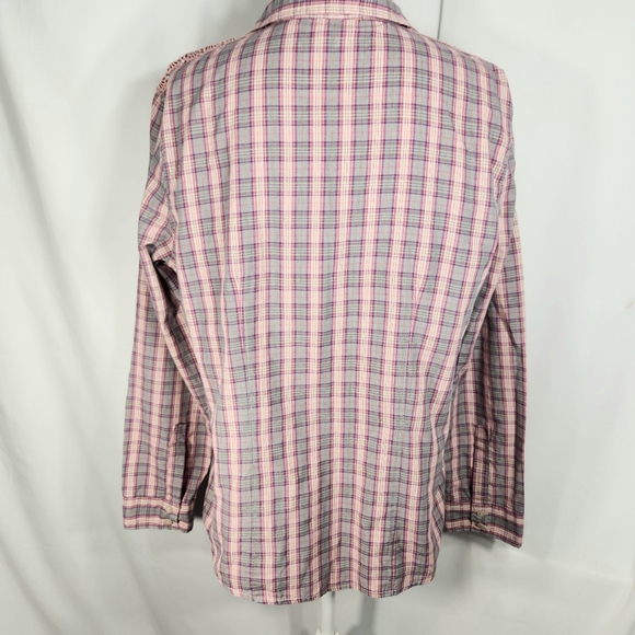 Route 66 Multi Plaid Pink Lace Shoulders Long Sleeve Button Down Top Sz XLarge - Picture 7 of 10